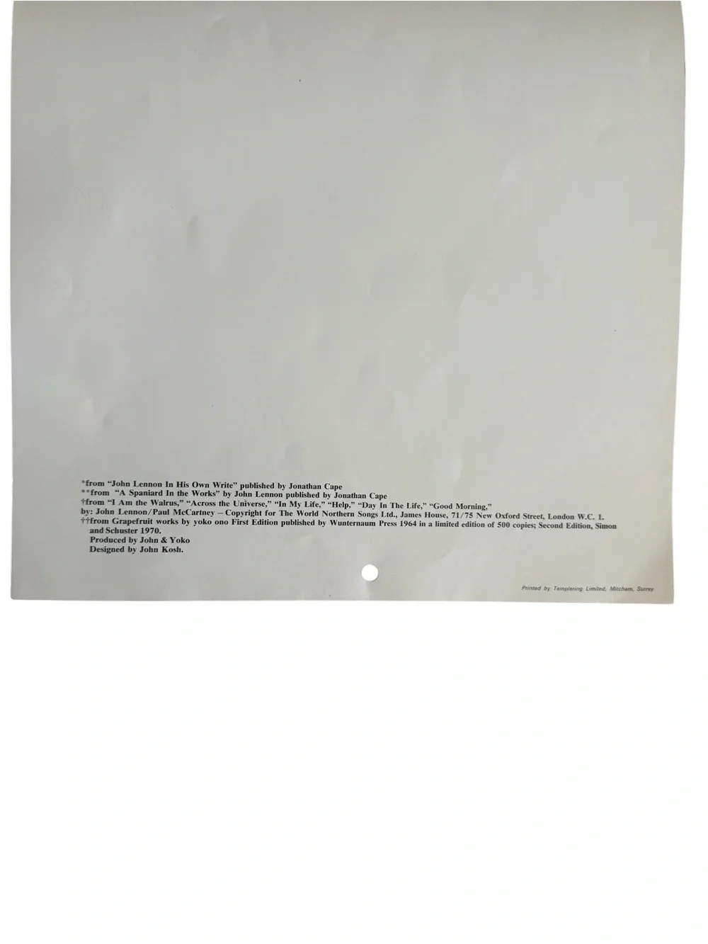 John & Yoko Blank 1970 Wall Calendar